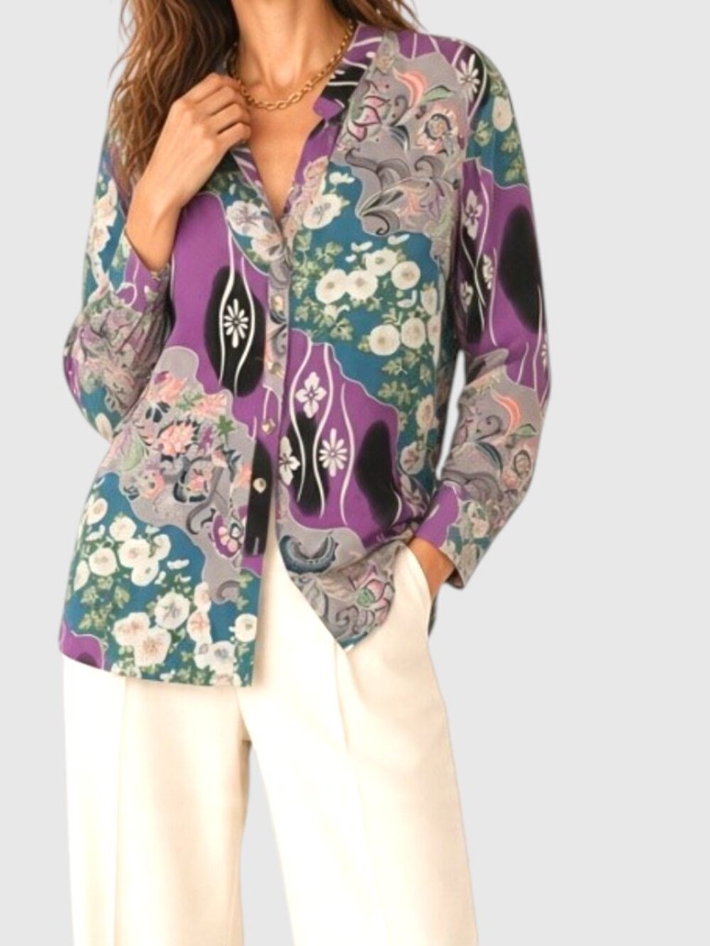 Citron Santa Monica Silk Blouse Size L Oriental Button Up Romantic Academia New